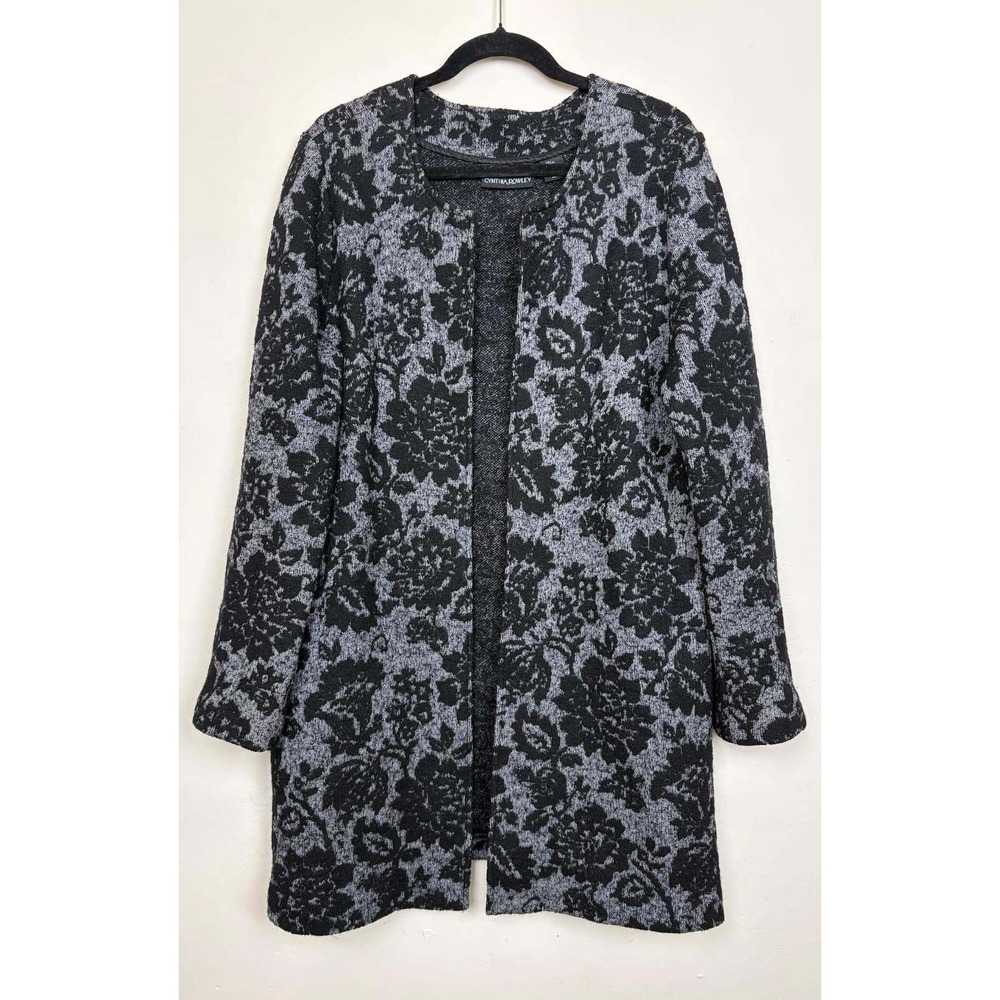 Cynthia Rowley Womens Black Grey Floral Wool Blend Jacquard Open Front Coat L